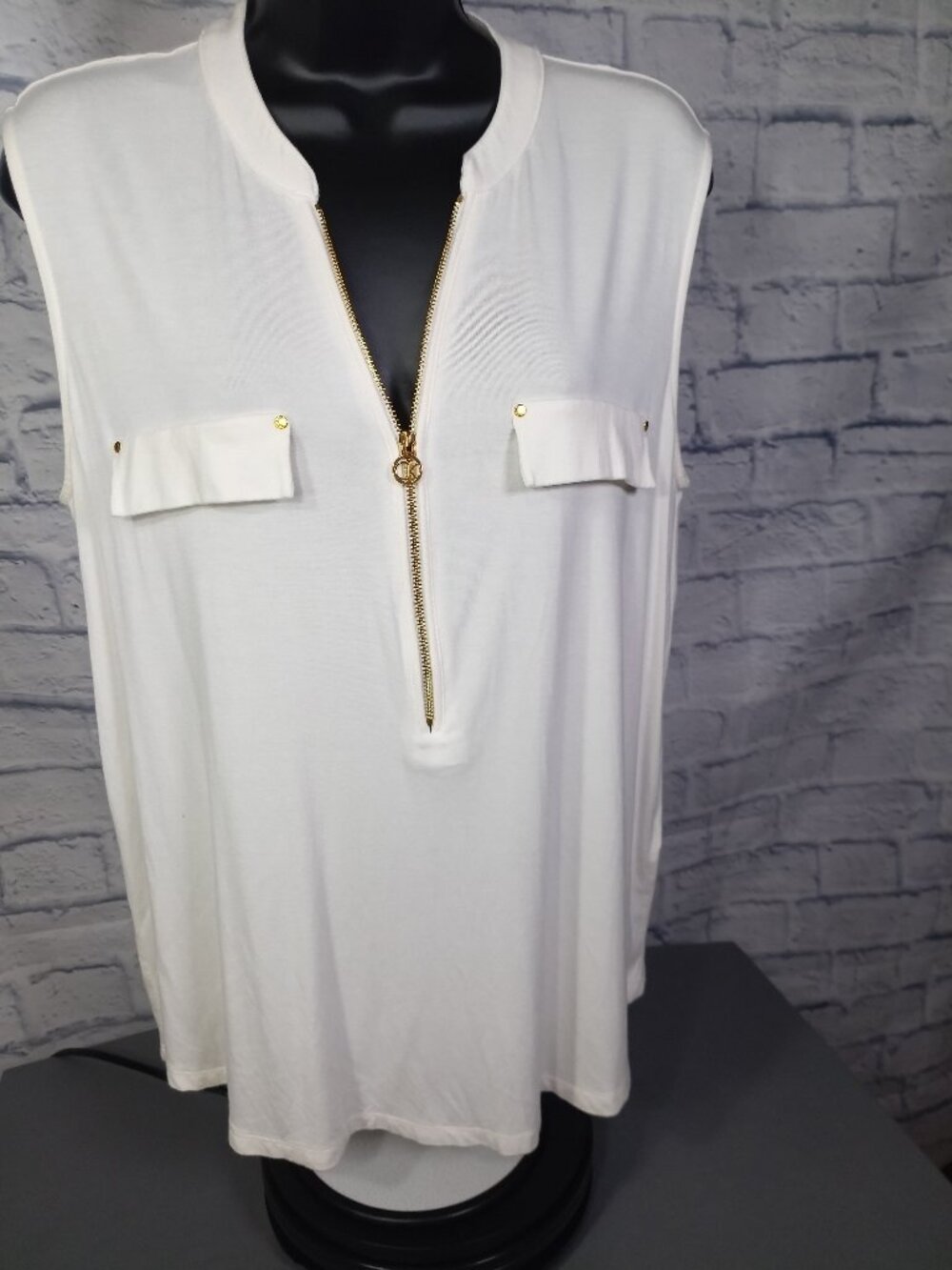 Calvin Klein Sleeveless Top Gold Trim Zipper Buttons